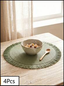 1/2/4/6/12pcs Olive Green Woven Placemats, Natural Rustic Style Cotton Rope Material, Round Tassel Edge Detail, Heat-Resistant Tabletop Protection And Decorative Function, Suitable For Daily Dining And Bohemian Home Decor - Green - View 15