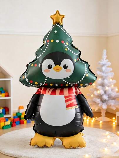 1pc Standing Matte Penguin Tree Aluminum Foil Balloon, Suitable For Christmas Party, Family Gathering, Home Decor, Also Can Be Used As Photo Prop