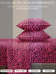 Set Perlengkapan Tidur 4 Potong Motif Leopard Merah Muda Tua, Termasuk 1 Sprei Fitted, 1 Sprei Datar, 2 Sarung Bantal (Isi Bantal Tidak Termasuk). Cocok untuk Ukuran King, Queen, Full, Twin, Ketebalan Kasur Hingga 11,8 Inci. Lembut, Bernapas, Tahan Kerut. - Hot Pink - View 6