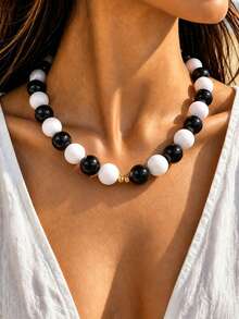 Collar grande de cuentas de contraste colorido hecho a mano, joyería gruesa con encanto de estilo bohemio Y2K, adecuado para el uso diario de las mujeres en vacaciones de verano - Multicolor - Ver 1