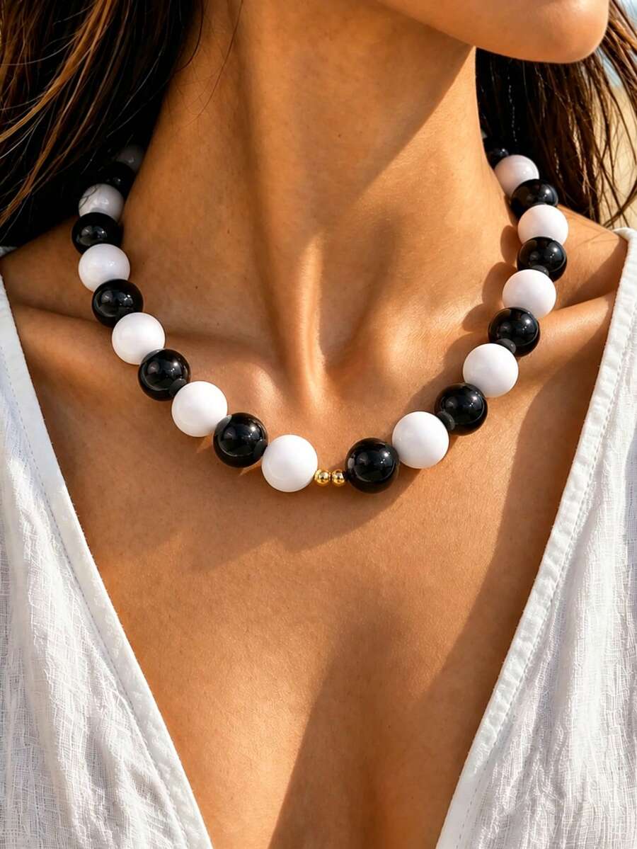 Collar grande de cuentas de contraste colorido hecho a mano, joyería gruesa con encanto de estilo bohemio Y2K, adecuado para el uso diario de las mujeres en vacaciones de verano - Multicolor - Ver 1
