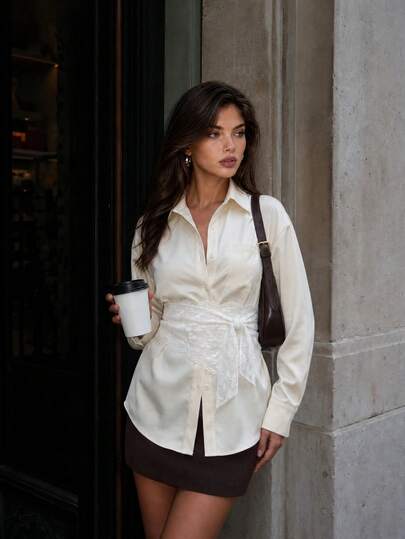 Blusa minimalista de estilo conmutador con drapeado para mujer, camisa blanca pura, atuendo de otoño/invierno, casual, uso diario, viaje, estilo callejero, versátil, blusa con cintura ceñida, otoño, atuendo de otoño para mujer, ropa de otoño, otoño, top de salida para mujer, invierno