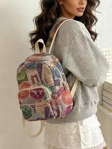 1 Piece Backpack, Women's Mini Backpack, Corduroy Girl's School Bag, Travel Storage Bag, Fun‑Printed Design, Large‑Capacity Foldable Easy‑To‑Store Bag, Lightweight And Pressure‑Relieving, Multi‑Pocket Layered Design With Zipper Closure - Stamp 3333742 - View 2