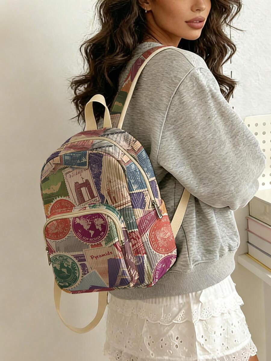 1 Piece Backpack, Women's Mini Backpack, Corduroy Girl's School Bag, Travel Storage Bag, Fun‑Printed Design, Large‑Capacity Foldable Easy‑To‑Store Bag, Lightweight And Pressure‑Relieving, Multi‑Pocket Layered Design With Zipper Closure - Stamp 3333742 - View 1