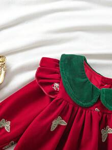 1pc Baby Girl Velvet Peter Pan Collar Embroidered Vintage Royal Style A-Line Dress - Red - View 4