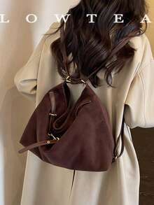 1pc Suede Fabric Shoulder Bag With Adjustable Strap, Suitable For Commuting, Shopping And More - Coffee - View 9