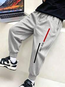 Street Style Boys Joggers, NEW YORK Letter & Contrast Vertical Stripe Print, Elastic Waist Cuffed Loose Fit Sweatpants, Spring/Autumn - Grey - View 1