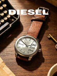 DIESEL DZ5502 Vintage Workwear Men's Watch, Silver-Grey Large Number Dial, Distressed Brown Leather Casual Wristwatch - Silver - View 3