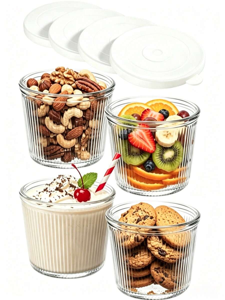 1/6 Pack Small Glass Bowls With Lids, 6.8oz, Transparent Striped Glass Containers, Stackable, Suitable For Desserts, Pudding, Sauces, Salads, Nuts, Oatmeal, Candy, Sweets, Cereals, Etc. - Multicolor - View 1