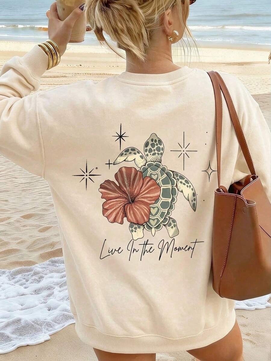 Women's Crewneck Sweatshirt, Sea Turtle Hibiscus Back Graphic Pullover, Live In The Moment Quote Casual Tops - Apricot - View 1