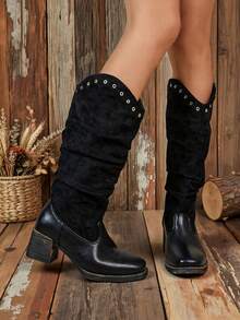 1 Pair Women's Square Toe Chunky Heel Black Patchwork High Shaft Casual Fashion Boots - Black - View 5