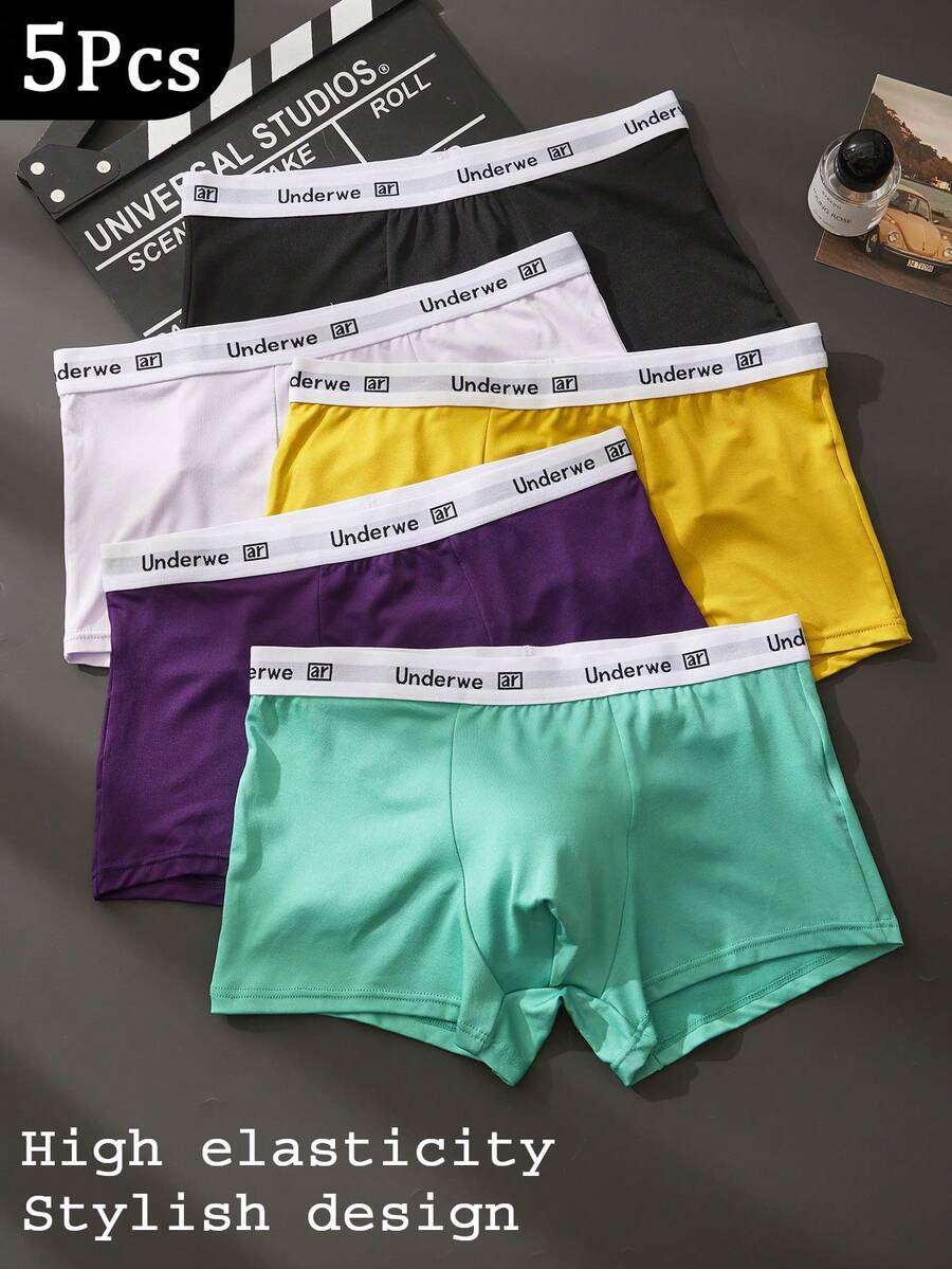 HIALEGION 5 cái/gói quần lót boxer nam: mặc thường ngày tại nhà, phong cách retro, vải polyester mềm thoải mái, phù hợp cho thể thao và boxing, đồ lót nam - Nhiều màu - Xem 1
