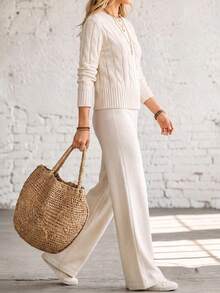 Women's Crew Neck Long Sleeve Knit Sweater & Wide Leg Pants Set, Autumn/Winter - Off White - View 6