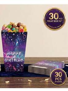 30/60pcs Birthday Popcorn Boxes, Purple Starry Sky Pattern Disposable Paper Candy Snack Boxes, Suitable For Kids, Glowing Music Theme Birthday Party Supplies, Tabletop Decor - Birthday Party Popcorn Boxes - View 6