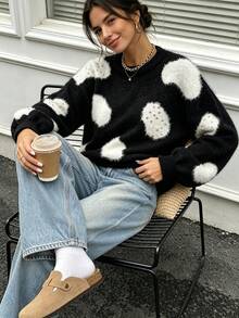 Women's Round Neck Color-Block Cloud Jacquard Drop Shoulder Long Sleeve Loose Knit Pullover With Rhinestone, Soft Plush, Autumn Winter Daily Fashion - Black - View 1