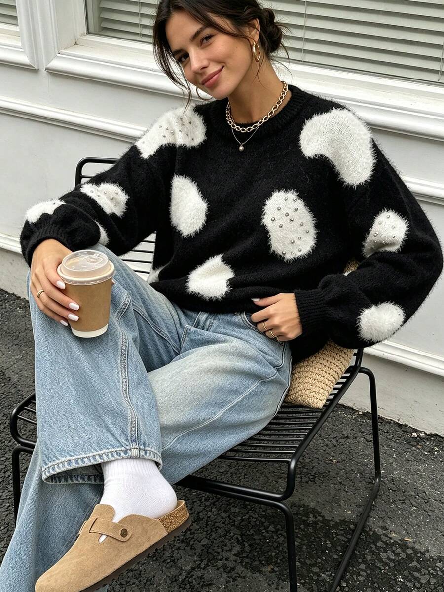 Women's Round Neck Color-Block Cloud Jacquard Drop Shoulder Long Sleeve Loose Knit Pullover With Rhinestone, Soft Plush, Autumn Winter Daily Fashion - Black - View 1