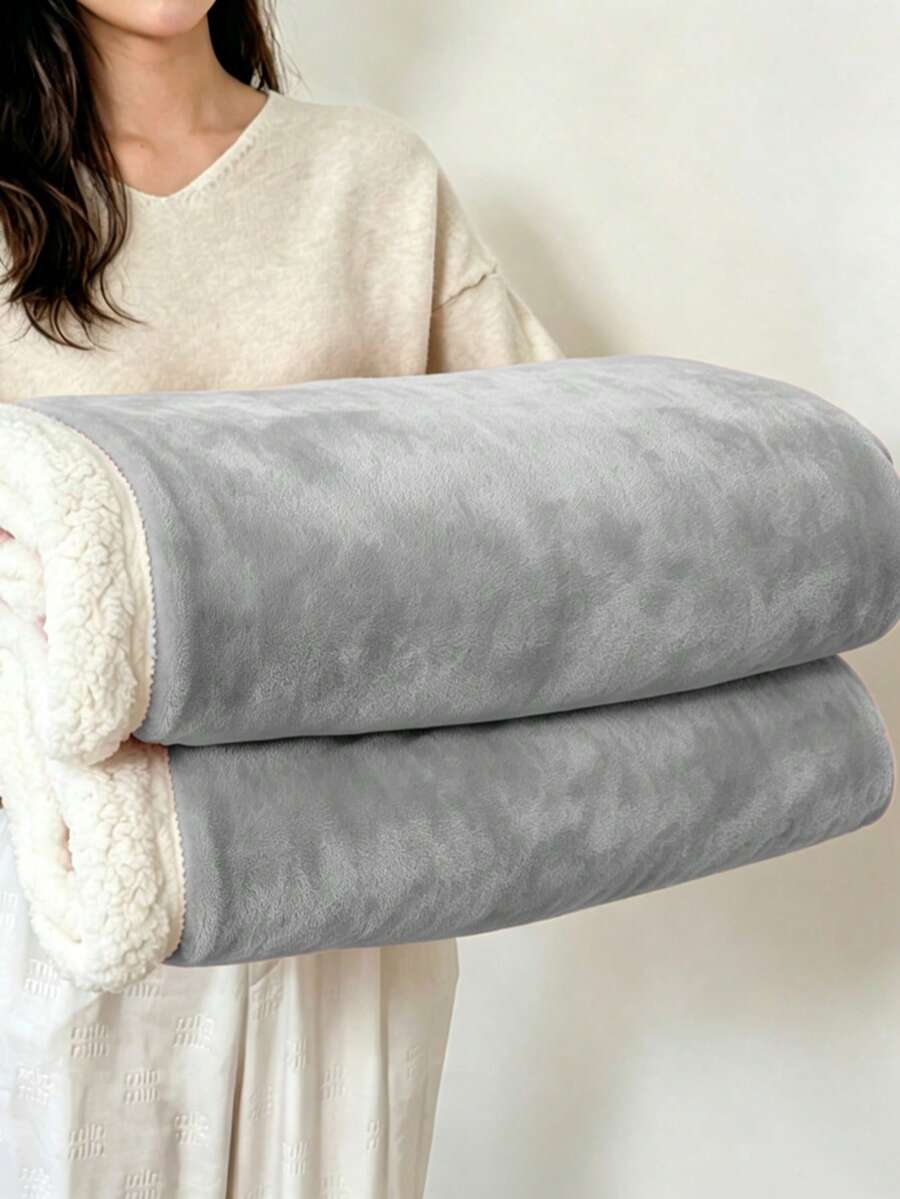 1pc Light Gray Skin-Friendly Soft Comfortable Milk Velvet Lamb Fleece Double-Layer Folded Edge Blanket, Sofa Throw, Bed Blanket, Coverlet, Machine Washable, All-Season, Suitable For Bedroom And Guest Room - Light Grey - View 1