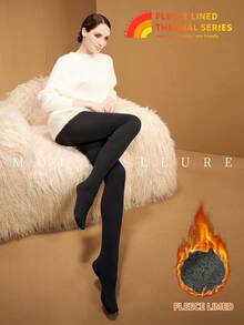 MOIRÉALLURE 1雙裝女款抓絨內裡褲襪，加厚保暖秋季冬季穿著 - 黑色 - 查看 5