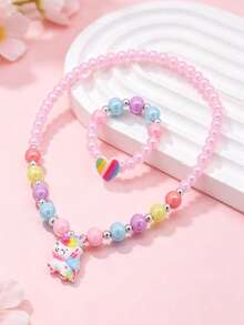 2pcs/Set Kids Unicorn Heart Charm Colorful Beaded Necklace & Bracelet Jewelry Set, Suitable For Daily Wear - one-size - View 1