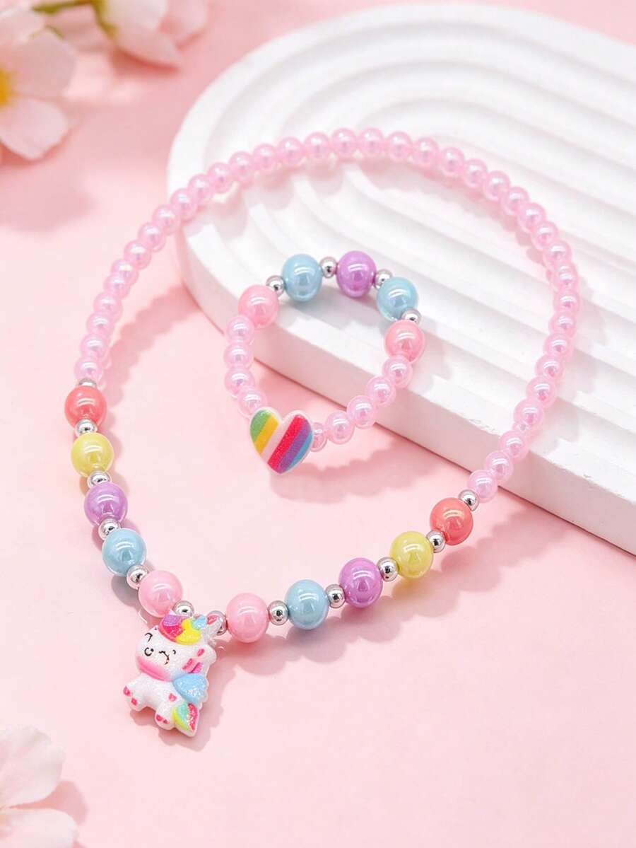 2pcs/Set Kids Unicorn Heart Charm Colorful Beaded Necklace & Bracelet Jewelry Set, Suitable For Daily Wear - one-size - View 1