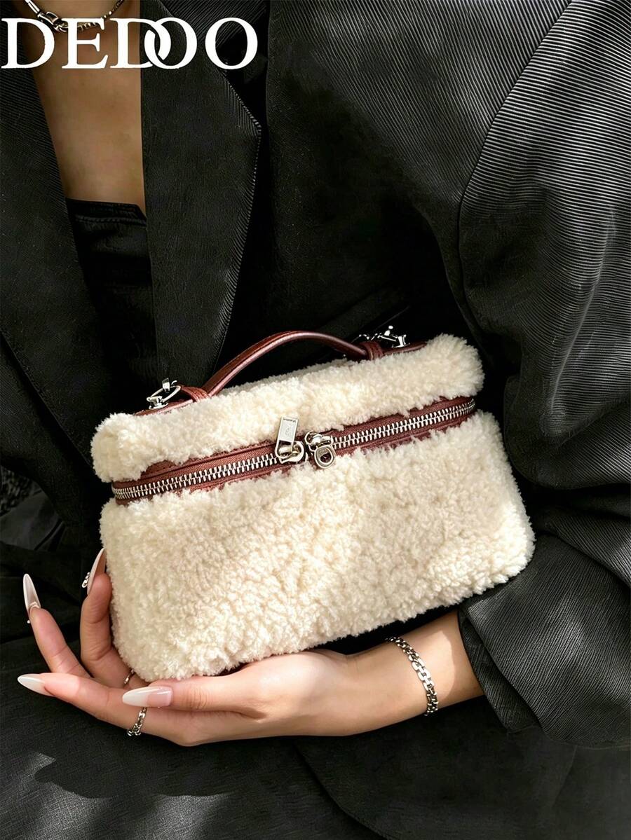 Dedoo 搖粒絨拼接PU小方格斜挎包，金屬拉鍊可調節肩帶，復古冬季女款通勤旅行包