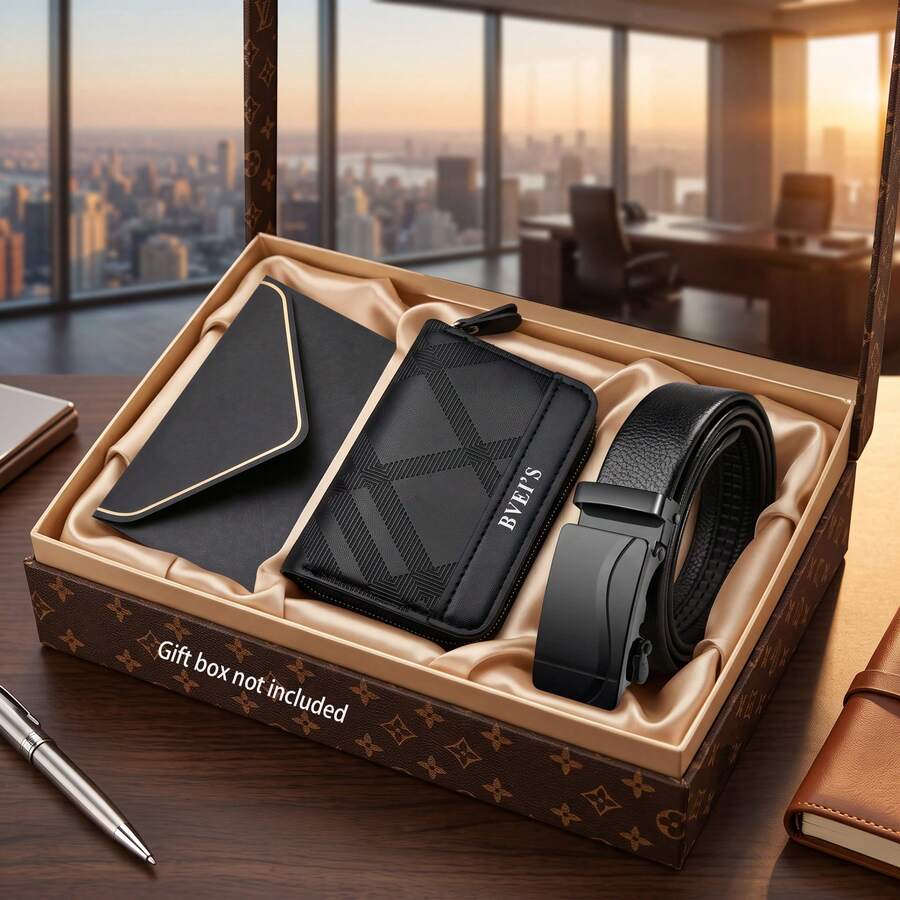 3PCS Men's PU Leather Wallet Belt Set With Greeting Card, Embossed Bifold Wallet And Automatic Buckle Belt, Christmas Birthday Father's Day Gift - Black - View 1