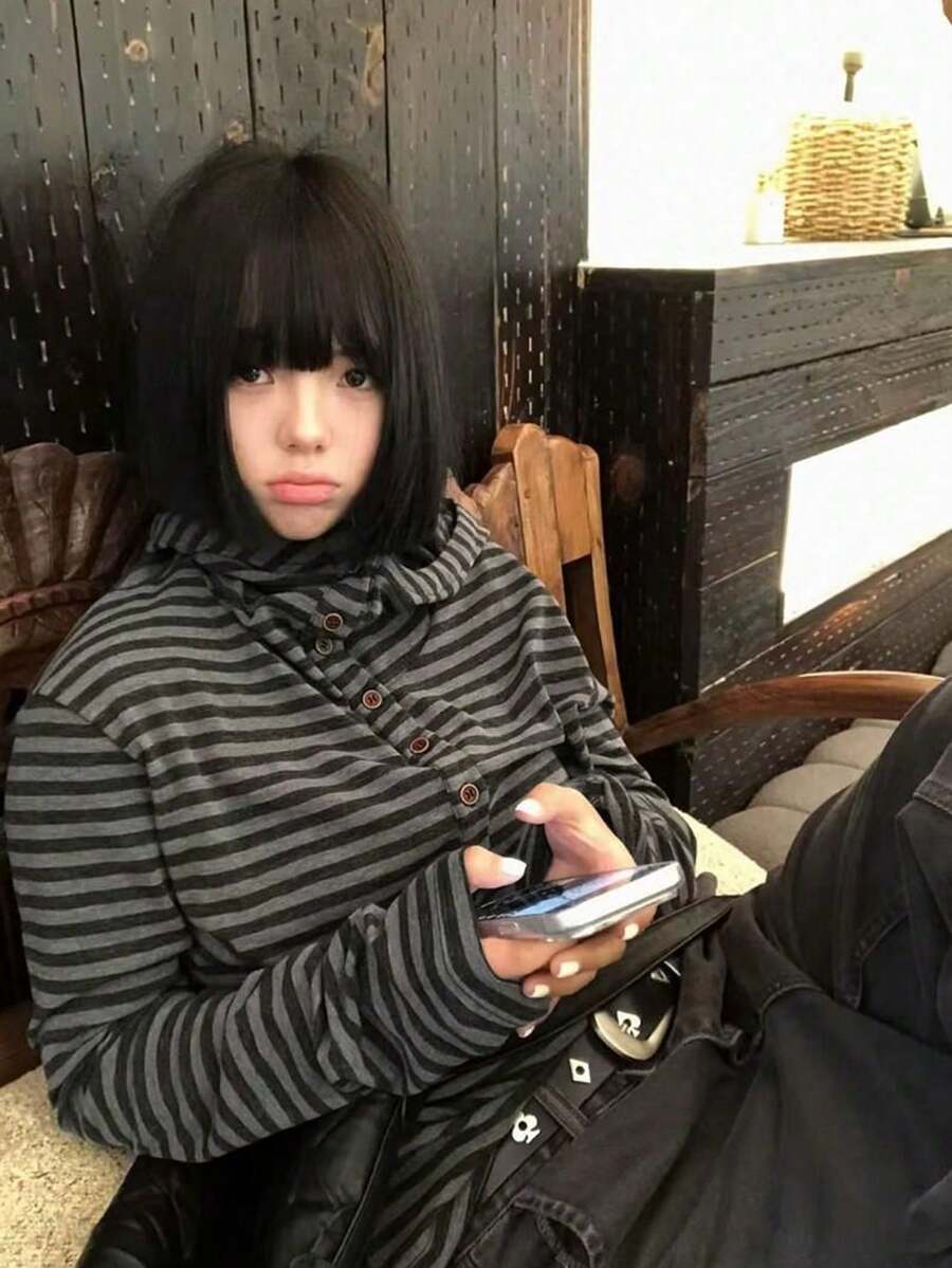 American Design Button-Up Hooded Lazy Vintage Striped Long Sleeve T-Shirt (Random Stripes) - Black - View 1