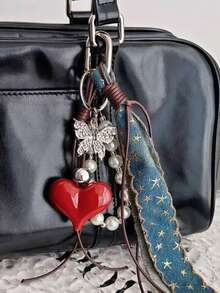 Simple Stylish Cute Bag Pendant, Heart-Shaped Decoration With Silver Bead Bow, Suitable For Daily Matching And Gift Giving As Bag Pendant Keychain - Red - View 6