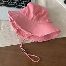 1pc Women's Drawstring Bucket Hat, Adjustable Shoulder Strap, Distressed Soft Fabric, Sun Protection & Windproof, Suitable For Beach Vacation And Daily Wear - A - View 3