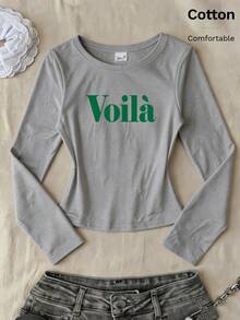 Autumn Women's Fitted Long Sleeve T-Shirt With Green 'Voil ' Print, Crew Neck, Cotton Y2K - Grey - View 4