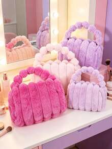 2/1pc Plush Handheld Makeup Bag, Large‑Capacity Cosmetic Storage Pouch, Soft Fuzzy Portable Travel Bag, Simple Casual Daily Carry Handbag For Autumn Winter, Multi‑Purpose Women's Storage Hand Pouch For Outing Travel Use - Multicolor - View 4