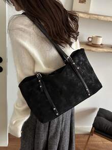 Women's Vintage Large Capacity Tote Bag, Studded Decor, Shoulder Carry Casual Daily Commute Handbag, Suitable For Travel, Work And Shopping. - Black - View 3