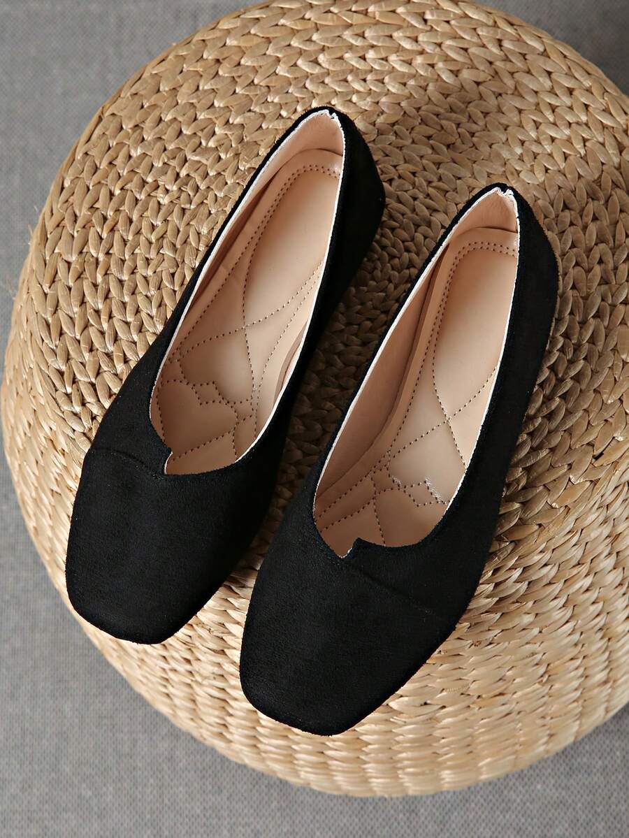 Women Vintage Black Suede Square Toe Flats Simple Splicing Slip‑On Soft Sole Lightweight Comfortable Shoes For Work Daily Walking - Black - View 1