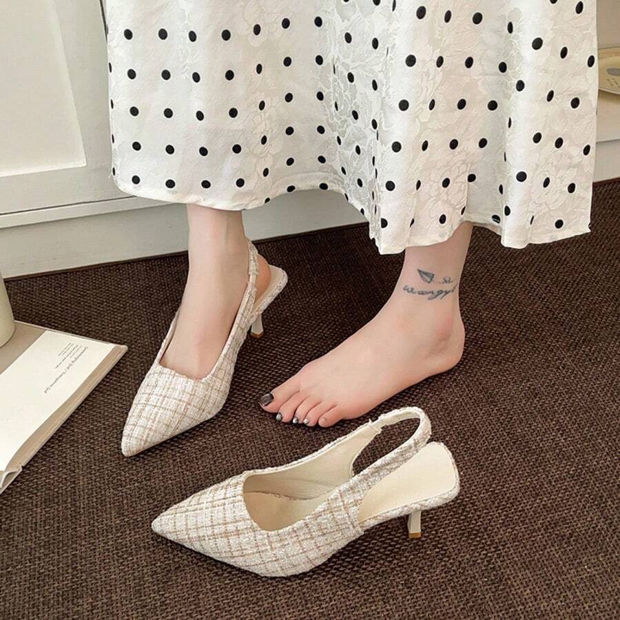 Beige Tweed Pointed Toe Slingback High Heels, Soft Elegant Summer Stiletto Pumps, Suitable For Wedding Guests, Garden Parties And Afternoon Tea