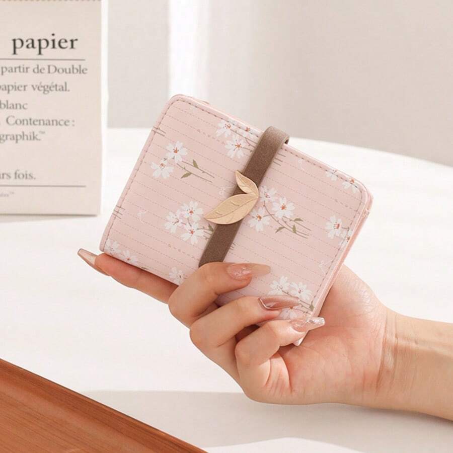 PRETTYZYS 1pc Pink Short Wallet Cute Fresh Minimalist Printed Bi-Fold Zipper Coin Purse With ID Window Metal Leaf Design Student Wallet Back To School Valentine's Day Gift Daily Travel Christmas Gift
