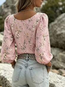Plus Size Pink Floral V-Neck Long Lantern Sleeve Women's Top, Fashionable Autumn Blouse - Pink - View 3