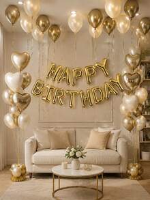 38pcs Gold Banner Birthday Decoration Balloon Set, Includes Gold Happy Birthday Banner Letters, Heart Balloons, Latex Balloons, For Birthday Party, Family Party, Wedding, Graduation, Birthday Party Decoration Balloons - Multicolor - View 8