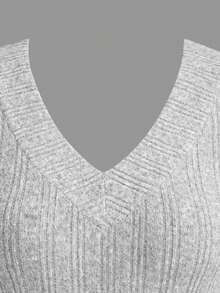 Women's Ribbed Knit V-Neck Long Sleeve Cropped Top, Fashionable Knit Winter Blouse, Comfortable For Daily Wear As Inner Layer Or Outerwear - Grey - View 10