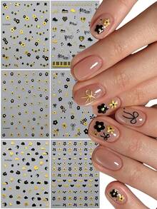 6Pcs Gold Sliver Flower Nail Stickers Set,Exquisite Luxury Five-Petaled Flower Bow Heart Music Note Piano Design Self‑Adhesive Nail Decals,DIY Manicure Decor Nail Art Accessories For Women Girls - Multicolor - View 10