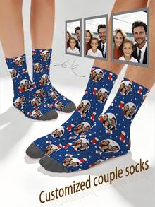 1 Pair Customizable Men's Mid-Calf Socks With Face Pattern, Can Print Any Face On Socks, Personalized Photo Socks, Fun Customized Image Mid-Calf Socks, Suitable For Valentine's Day, Birthday, Gift, Halloween And Other Occasions, Personalized Christmas - Multicolor - View 3