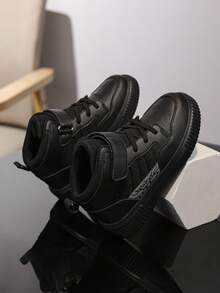 Children's High-Top Sports Skate Shoes, Fashionable Versatile Hook-And-Loop Closure Design, Comfortable Skateboard Shoes For Kids, Stylish Student Versatile Campus Shoes, Reflective Pattern Patchwork Casual Sports Shoes - Black - View 3