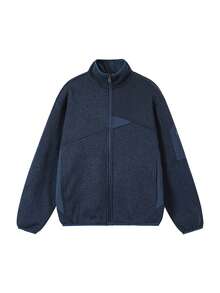Men's Casual Fleece Patchwork Design Stand Collar Zip-Up Utility Jacket, Minimalist Daily Commute Style, Spring/Autumn - Navy Blue - View 2