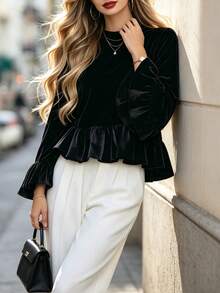 DONICY Women's Black Velvet Round Neck Flare Sleeve Ruffle Hem Blouse, Loose Draped Long Sleeve Top For Fall Daily Wear - Black - View 7