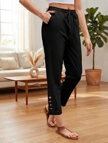 Jisfaneya Plus Size Solid Color Drawstring Waist Lace Hem Linen Blend Black Straight Leg Casual Lounge Pants, Versatile 3/4 Length For Spring & Summer - Black - View 2