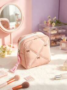 Quilted Embroidery Bow Hand‑Held Makeup Bag, Large Capacity Makeup Bag Set, Travel Toiletry Bag, Sanitary Napkin Storage Bag, Coin Purse,Zipper Wallet - Pink - View 4