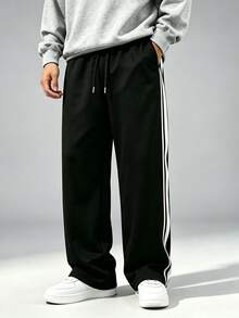 Men's Sports Long Pants, Side Stripe And Color Block Design, Straight Leg Casual Pants, Drawstring Waist, Elastic Waistband, Black Long Pants - Black - View 6