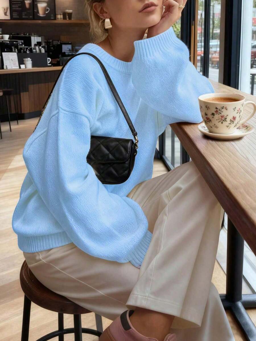 秋冬新款女款粉色圓領長袖針織毛衣 寬鬆簡約百搭落肩套頭毛衣 - 胡蘭 - 查看 1