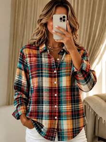 Back To School Season Casual Fashion Plaid Print Women's Plus Size Lightweight Long Sleeve Shirt - Multicolor - View 1