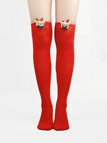 4/3/1 Pairs Christmas Striped Solid Color Bow Pom Pom Deer Head Green Red Cute Holiday Over Knee Thigh High Socks - Multicolor - View 10