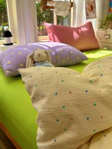 Macaron Colorful Polka Dot Bedding Set, Soft Crinkled Texture, Mix And Match Bedroom, Includes 1 Duvet Cover, 1 Bed Sheet, 2 Pillowcases, Duvet Insert And Pillow Insert Not Included - Green - View 11